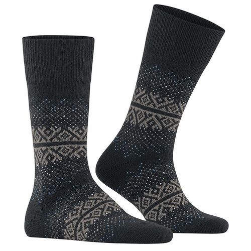 Black With Grey Square Designs And White And Blue Spots Falke Men's Wool Blend Calf Length Sock