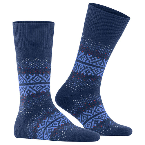 Royal Blue With Light Blue Square Designs And White And Red Spots Falke Men's Wool Blend Calf Length Sock