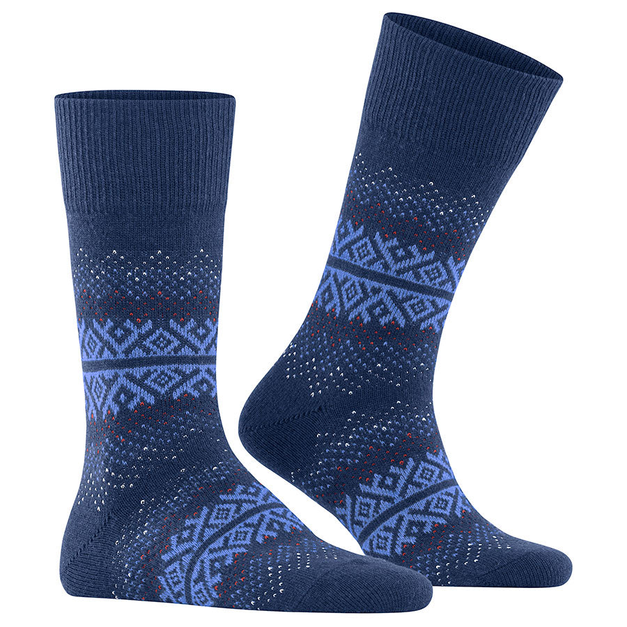 Royal Blue With Light Blue Square Designs And White And Red Spots Falke Men's Wool Blend Calf Length Sock