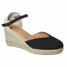 Load image into Gallery viewer, Negro Black With Off White Pinaz Women&#39;s 132-5 Faux Suede And Woven Fabric Closed Toe Single Strap Espadrille Profile View
