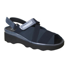 Load image into Gallery viewer, Navy With Black Sole Thierry Rabotin Women&#39;s Wyeth Microfiber With Leather Strappy Sandal Profile View
