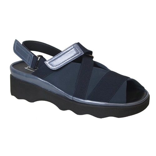 Navy With Black Sole Thierry Rabotin Women's Wyeth Microfiber With Leather Strappy Sandal Profile View
