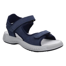 Load image into Gallery viewer, Navy With Grey And Black Sole Ara Women&#39;s Anaheim Nubuck And Mesh Triple Strap Sandal Profile View
