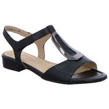 Load image into Gallery viewer, Black Ara Women&#39;s Videira Leather T-Strap Low Block Heel Sandal Profile View
