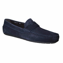 Load image into Gallery viewer, Blue With Black Sole To Boot NY Men&#39;s Bravo Suede Dress Penny Loafer Profile View
