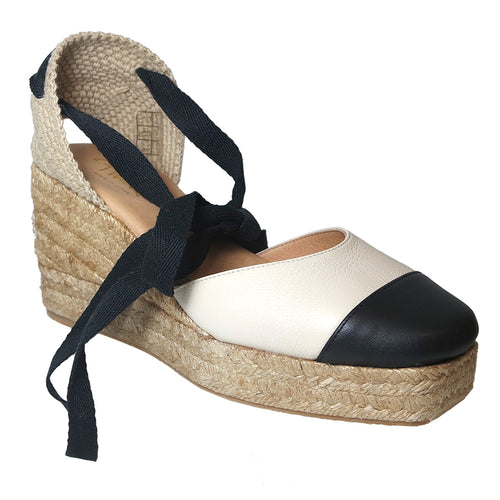 Negro Black And Ivory Off White With Tan Sole Pinaz Women's 1710-5P Leather Ankle Lace Closed Toe Espadrille