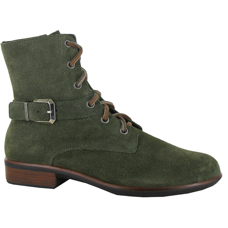 Olive Green With Tan And Black Sole Naot Women's Alize Suede Combat Boot With Faux Side Buckle