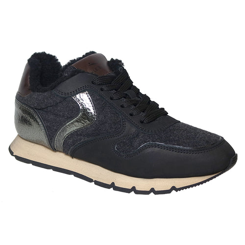 Black With Grey And Bronze And Beige Voile Blanche Women's Julia Fur Nubuck And Felt And Metallic Leather Sneaker