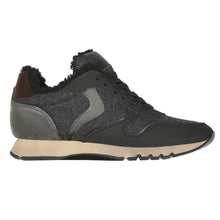 Load image into Gallery viewer, Black With Grey And Bronze And Beige Voile Blanche Women&#39;s Julia Fur Nubuck And Felt And Metallic Leather Sneaker Side View
