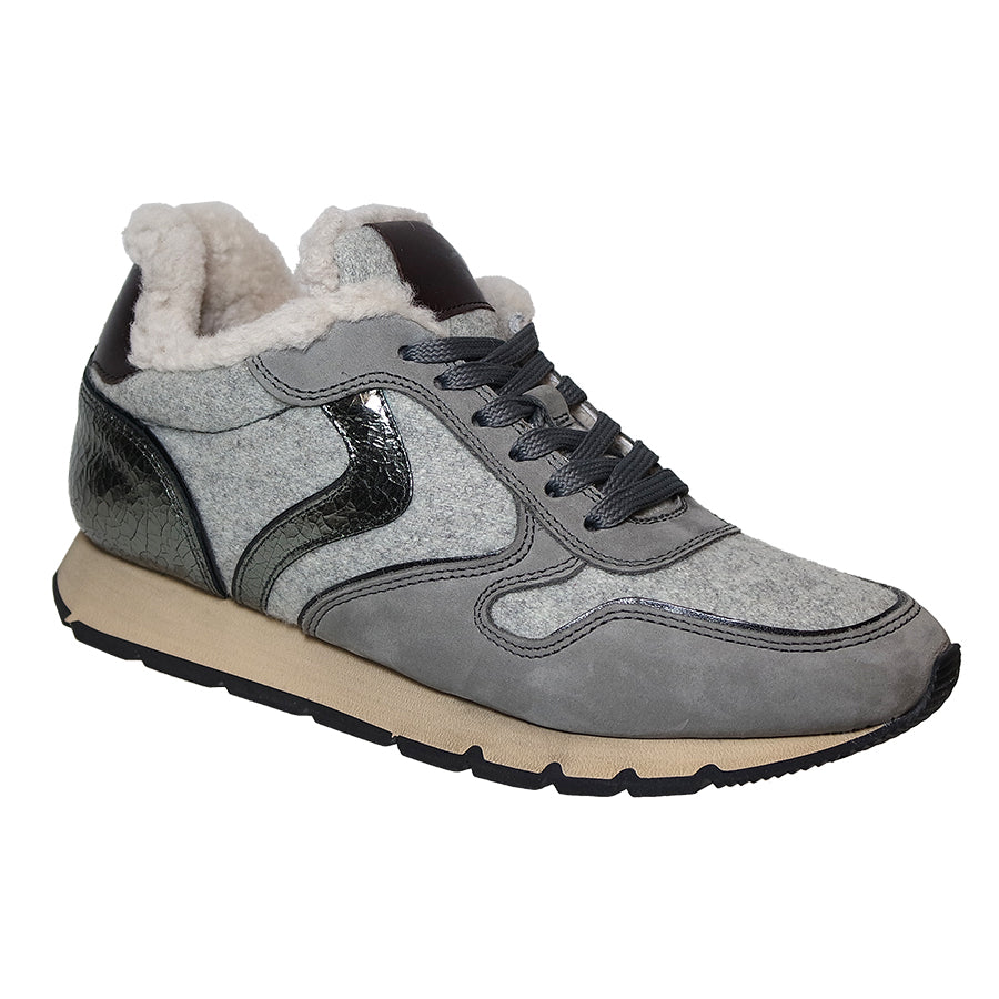 Grey With Silver And Beige Voile Blanche Women's Julia Fur Nubuck And Felt And Metallic Leather Sneaker
