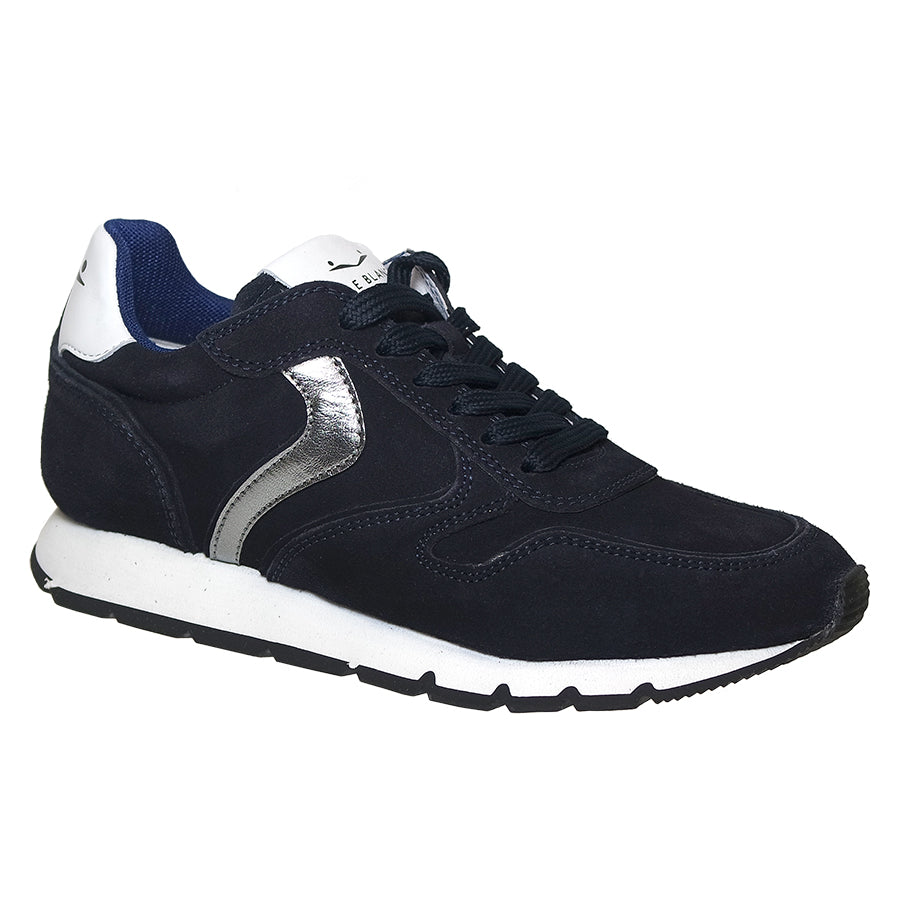 Navy And White With Tan Sole Voile Blanche Julia Suede With Metallic Leather Slash Sneaker