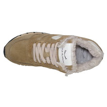 Load image into Gallery viewer, Tobacco Brown And Ice White With Beige And Black Sole Voile Blanche Women&#39;s Julia Pump Fur Suede And Leather With Beige Warm Lining Winter Sneaker Top View
