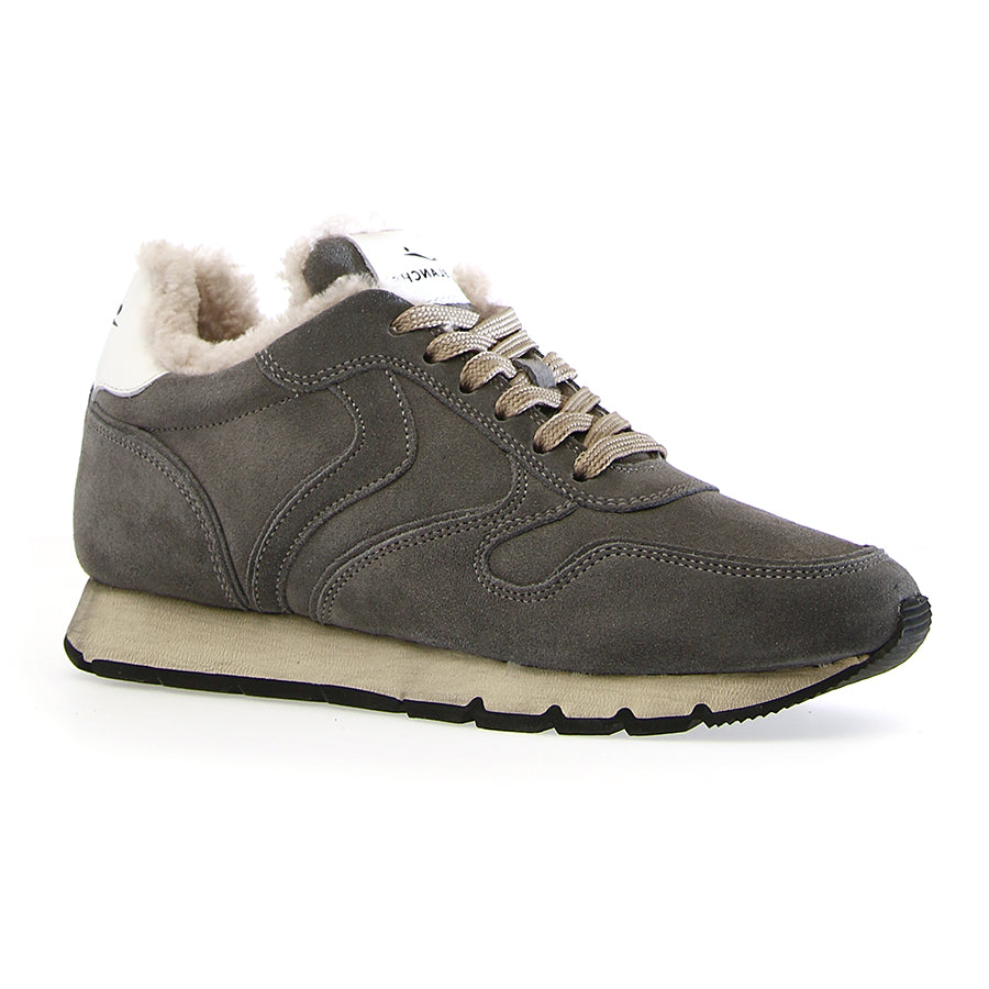 Lead Grey With Beige And White And Black Sole Voile Blanche Women's Julia Fur Suede With Shearling Lined Winter Sneaker Profile View