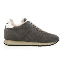 Load image into Gallery viewer, Lead Grey With Beige And White And Black Sole Voile Blanche Women&#39;s Julia Fur Suede With Shearling Lined Winter Sneaker Side View
