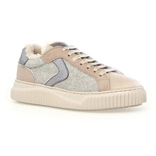 Load image into Gallery viewer, Nut Light Brown With Grey And Beige Voile Blanche Women&#39;s Lipari Fur Suede And Felt Shearling Lined Casual Sneaker Profile View
