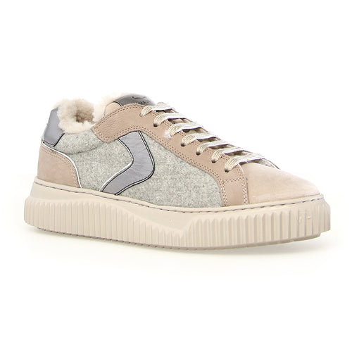 Nut Light Brown With Grey And Beige Voile Blanche Women's Lipari Fur Suede And Felt Shearling Lined Casual Sneaker Profile View