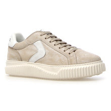 Load image into Gallery viewer, Light Brown And White With Beige Sole Voile Blanche Women&#39;s Lipari Metallic Leather And Suede Sneaker Profile View
