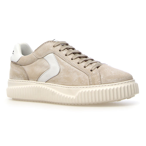 Light Brown And White With Beige Sole Voile Blanche Women's Lipari Metallic Leather And Suede Sneaker Profile View