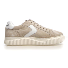 Load image into Gallery viewer, Light Brown And White With Beige Sole Voile Blanche Women&#39;s Lipari Metallic Leather And Suede Sneaker Side View
