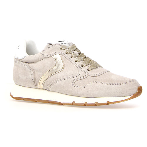 Ice Grey And Platinum Metallic Gold WIth White And Tan Sole Voile Blanche Women's Julia Suede And Leather Sneaker