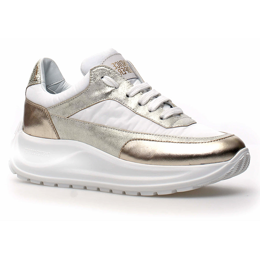  Platinum Silver And Gold And White Leather And Nylon Sneaker Profile View 