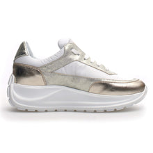 Load image into Gallery viewer,  Platinum Silver And Gold And White Leather And Nylon Sneaker Side View 
