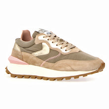 Load image into Gallery viewer, Beige And Tan And Platinum Gold And Pink Voile Blanche Women&#39;s Qwark Hype Women Fabric And Suede Casual Sneaker Profile View
