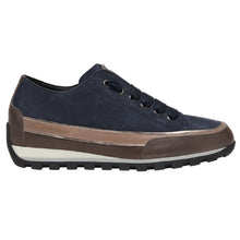 Load image into Gallery viewer, Navy And Anthracite Grey With Brown And Tan And Black Sole Candice Cooper Janis Strip Chic Suede Casual Sneaker Side View
