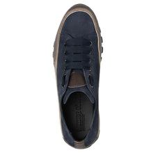 Load image into Gallery viewer, Navy And Anthracite Grey With Brown And Tan And Black Sole Candice Cooper Janis Strip Chic Suede Casual Sneaker Top View
