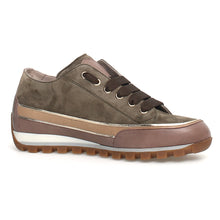 Load image into Gallery viewer, Army Green With Brown And White Candice Cooper Janis Strip Chic Suede Casual Sneaker Profile View

