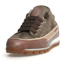 Load image into Gallery viewer, Army Green With Brown And White Candice Cooper Janis Strip Chic Suede Casual Sneaker Front View
