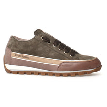 Load image into Gallery viewer, Army Green With Brown And White Candice Cooper Janis Strip Chic Suede Casual Sneaker Side View
