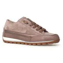 Load image into Gallery viewer, Taupe Brown With White Candice Cooper Janis Strip Chic Suede Casual Sneaker Profile View
