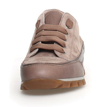 Load image into Gallery viewer, Taupe Brown With White Candice Cooper Janis Strip Chic Suede Casual Sneaker Front View
