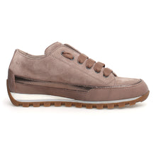 Load image into Gallery viewer, Taupe Brown With White Candice Cooper Janis Strip Chic Suede Casual Sneaker Side View
