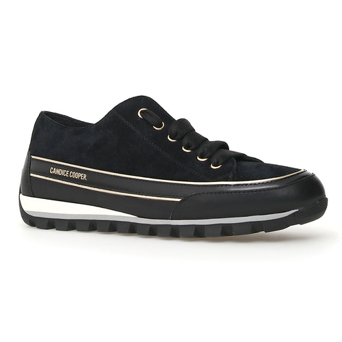 Black With White Candice Cooper Janis Strip Chic Suede Casual Sneaker Profile View