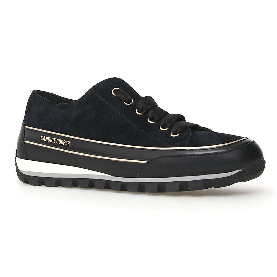 Black With White Candice Cooper Janis Strip Chic Suede Casual Sneaker Profile View