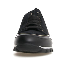 Load image into Gallery viewer, Black With White Candice Cooper Janis Strip Chic Suede Casual Sneaker Front View
