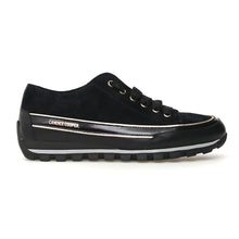 Load image into Gallery viewer, Black With White Candice Cooper Janis Strip Chic Suede Casual Sneaker Side View
