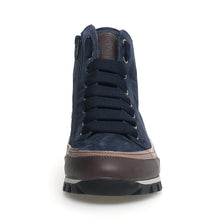 Load image into Gallery viewer, Navy With Brown And White And Black Sole Candice Cooper Janis Strip Plus Chick Suede High Top Casual Sneaker Front View

