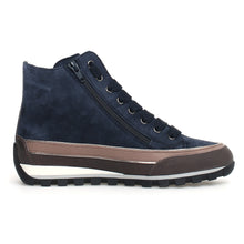 Load image into Gallery viewer, Navy With Brown And White And Black Sole Candice Cooper Janis Strip Plus Chick Suede High Top Casual Sneaker Side View
