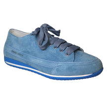 Load image into Gallery viewer, Blue With White Candice Cooper Women&#39;s Janis Strip Chic S Velvet Suede Casual Sneaker Profile View
