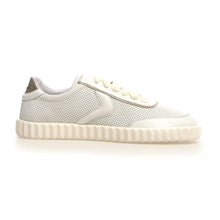 Load image into Gallery viewer, Off White With Platinum Gold Voila Blanche Women&#39;s Selia Leather And Perforated Leather Casual Sneaker Side View
