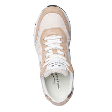 Load image into Gallery viewer, Peach Pink With Brown And White With Black And White Sole Voile Blanche Fabric And Suede Sneaker Top View
