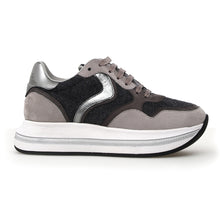 Load image into Gallery viewer, Grey And Silver And Brown And White With Black Sole Voile Blanche Women&#39;s Melany Felt And Nubuck Casual Sneaker Side View
