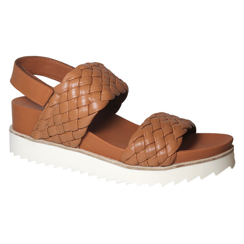 Cuero Tan With White Sole Homers Women's 20935 Woven Leather Slingback Triple Strap Sandal Profile View