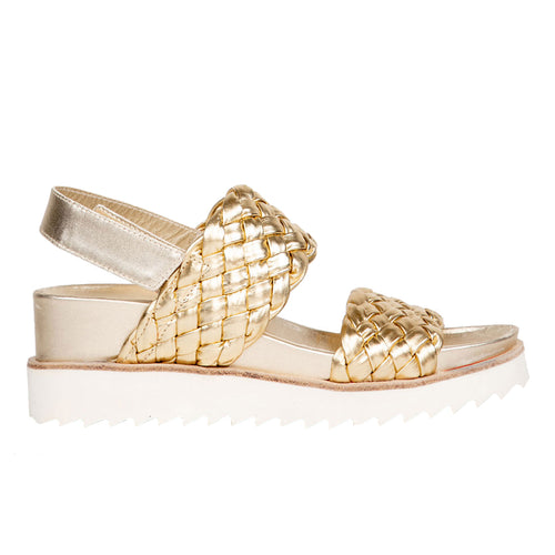 Platino Gold With White Sole Homers Women's 20935 Woven Metallic Leather Slingback Triple Strap Sandal