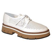 Load image into Gallery viewer, Bianco Off White With Tan And Black Sole Homers Women&#39;s 21016 Perforated Leather Platform Oxford Profile View
