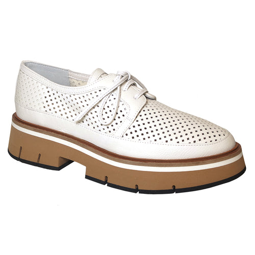 Bianco Off White With Tan And Black Sole Homers Women's 21016 Perforated Leather Platform Oxford Profile View