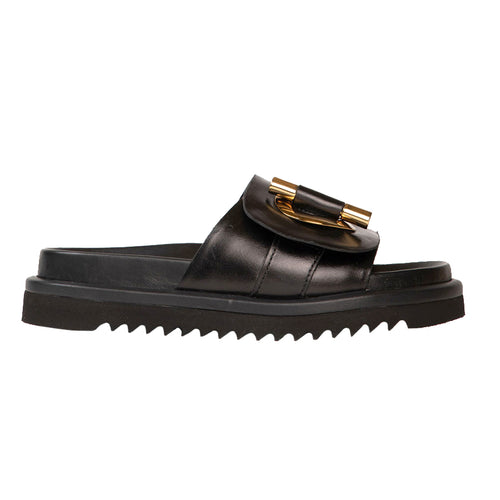 Black Homers Women's 21343 Leather Slide Flat Sandal With Metal Ornament Detail in Front